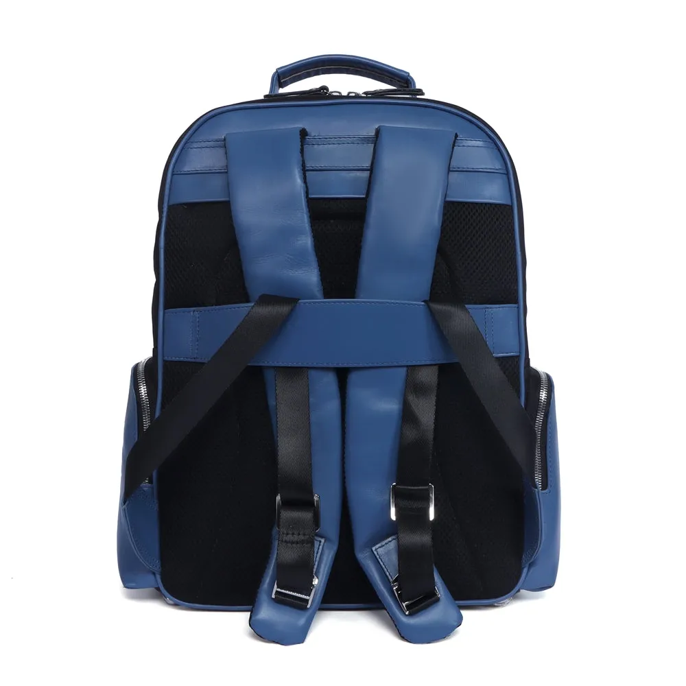 Designer Denim Backpack In Black Genuine Sky Blue Leather