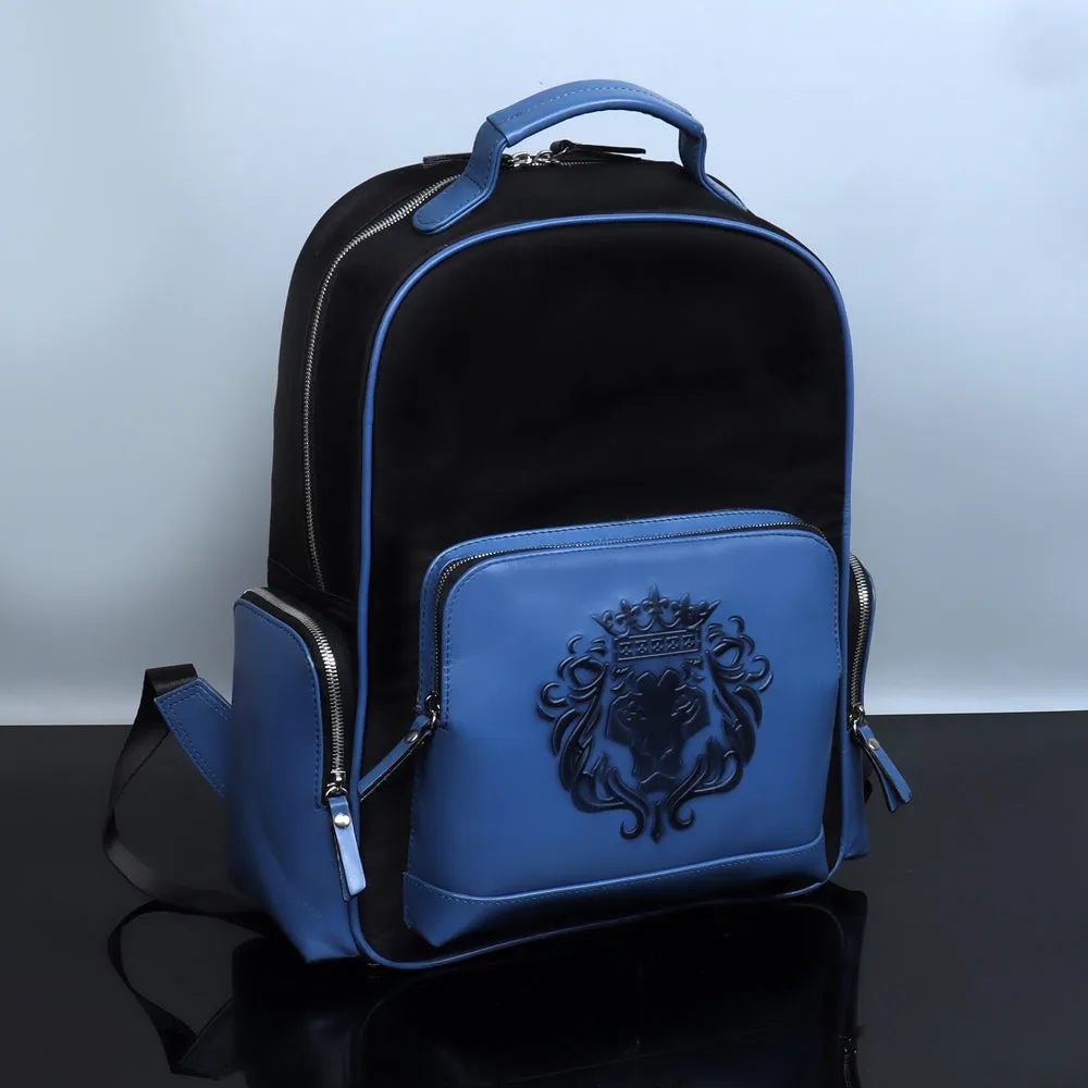 Designer Denim Backpack In Black Genuine Sky Blue Leather