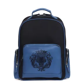 Designer Denim Backpack In Black Genuine Sky Blue Leather