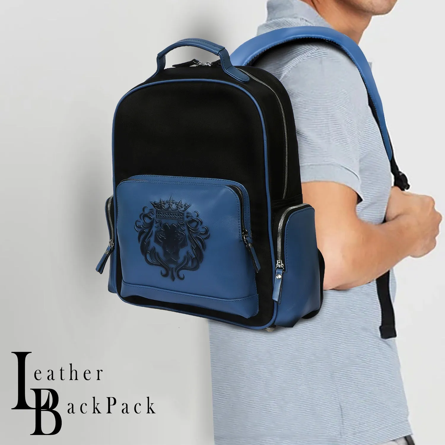 Designer Denim Backpack In Black Genuine Sky Blue Leather