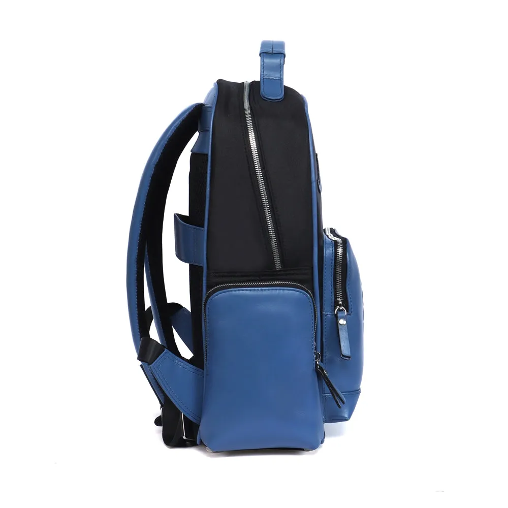 Designer Denim Backpack In Black Genuine Sky Blue Leather