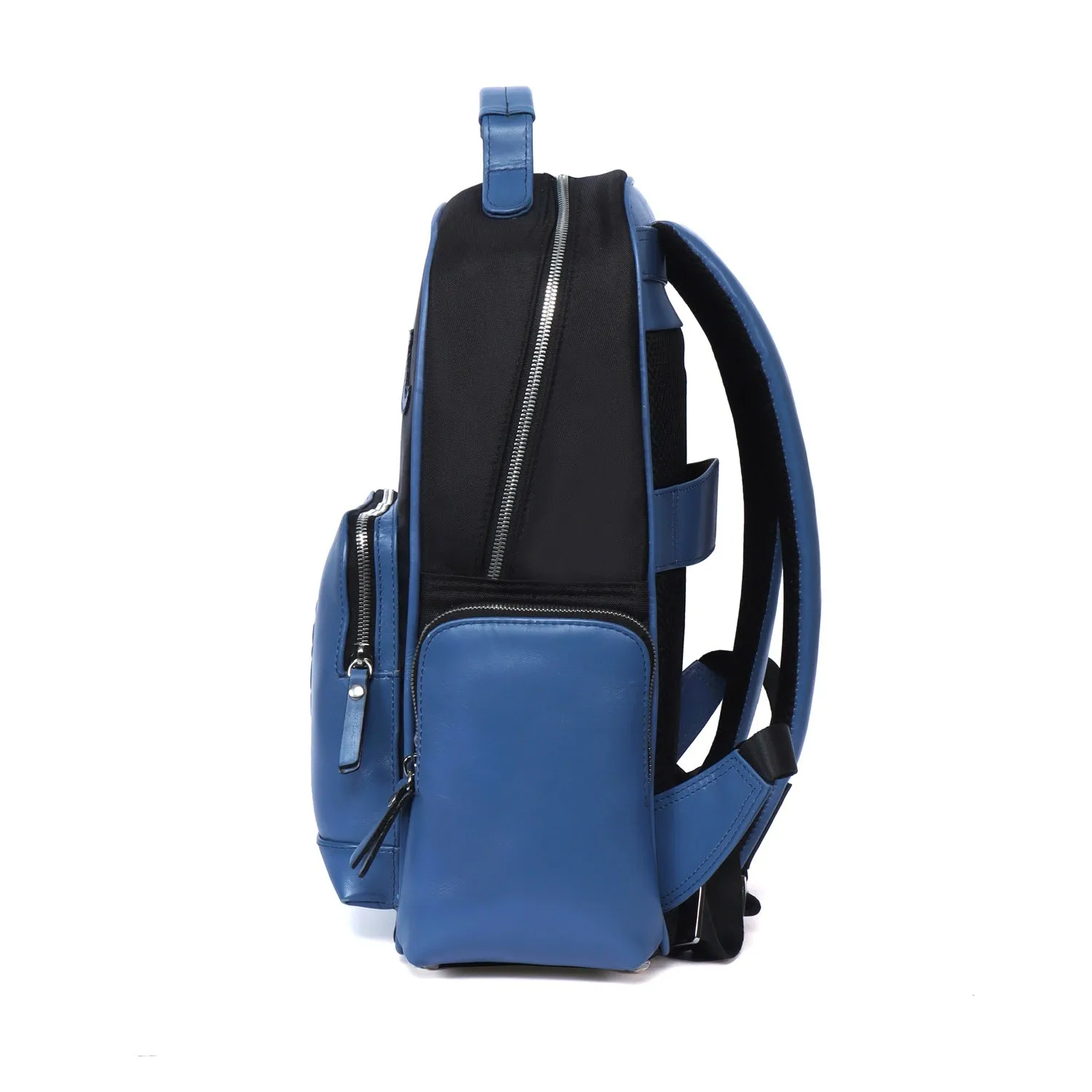 Designer Denim Backpack In Black Genuine Sky Blue Leather