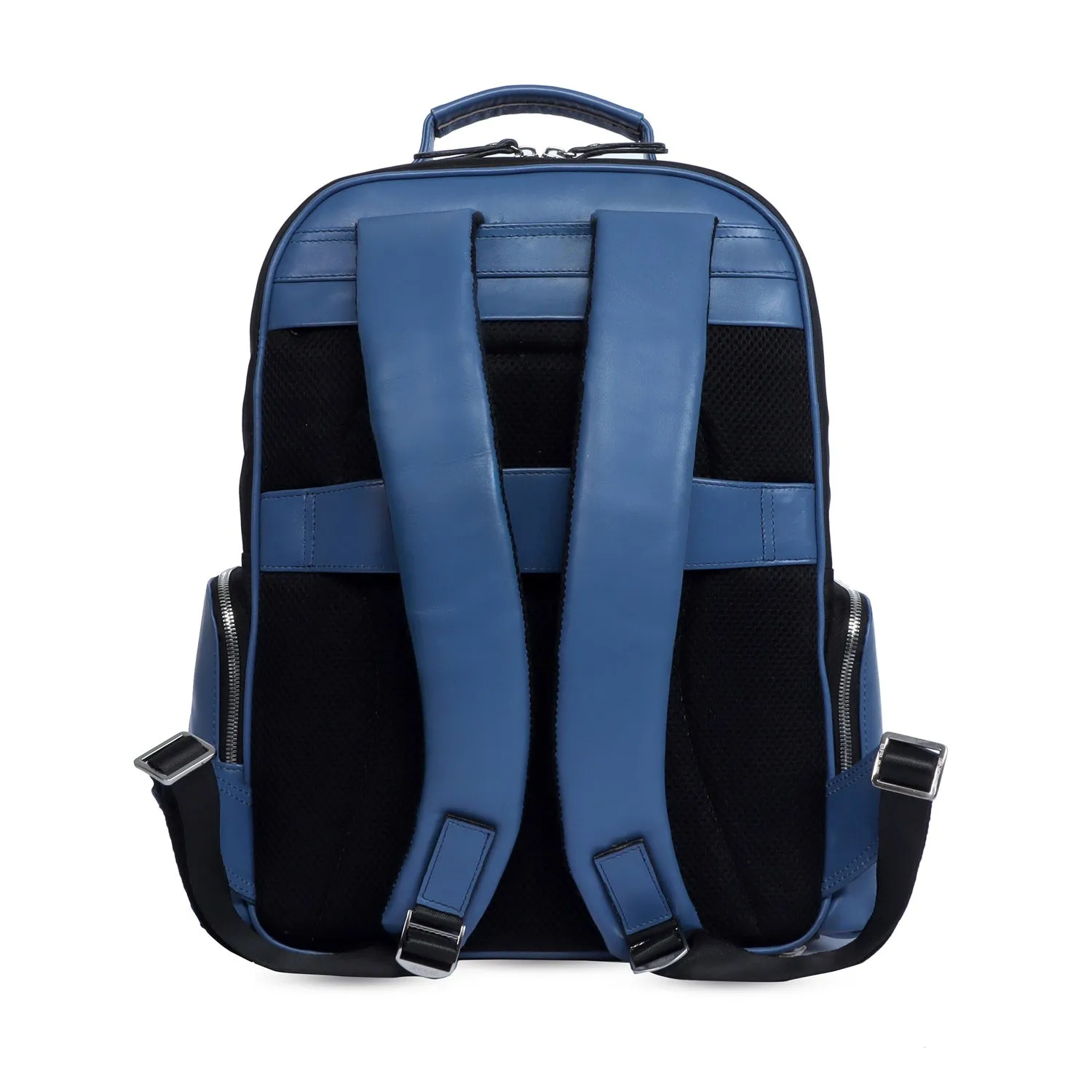 Designer Denim Backpack In Black Genuine Sky Blue Leather