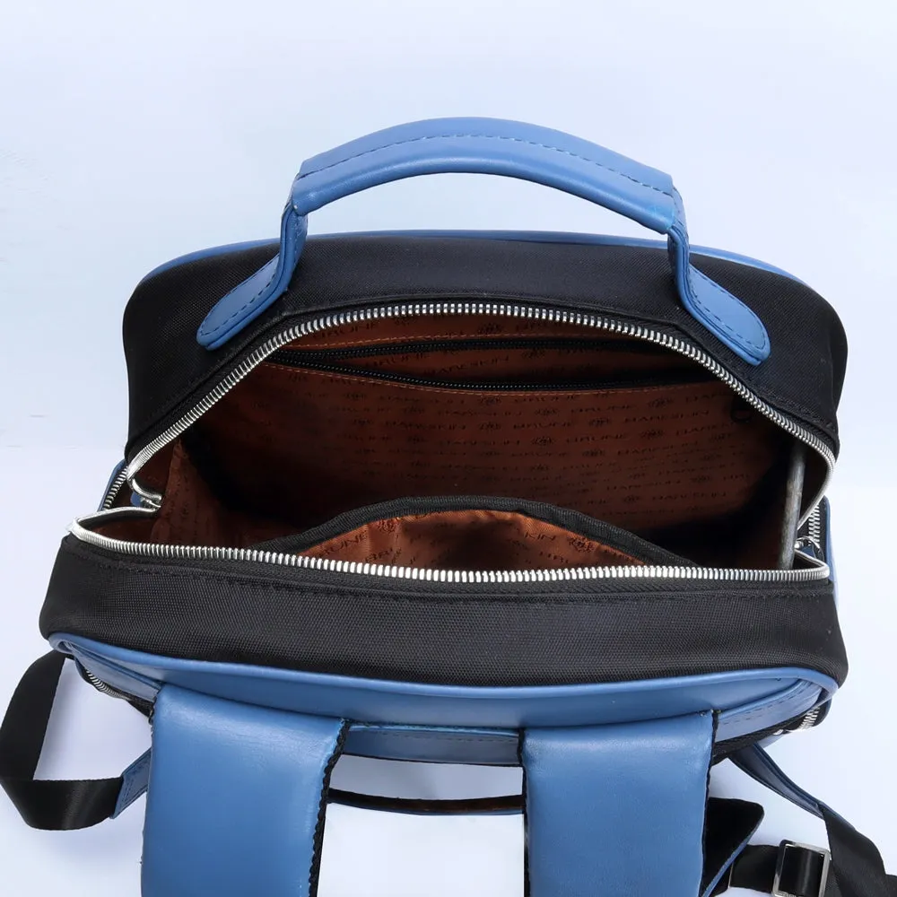 Designer Denim Backpack In Black Genuine Sky Blue Leather