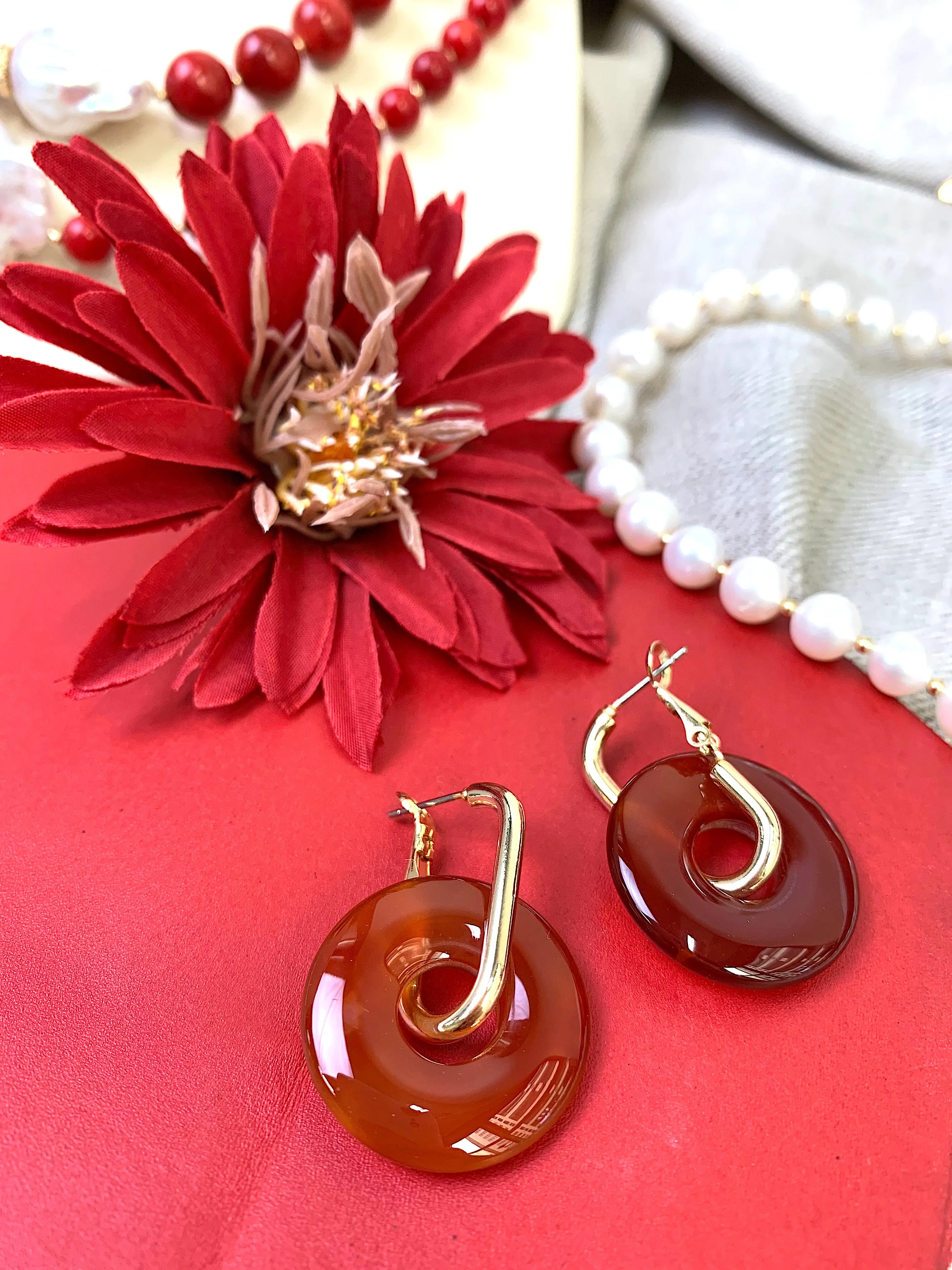 Donut Shaped Red Agate Minimalist Earrings EE036