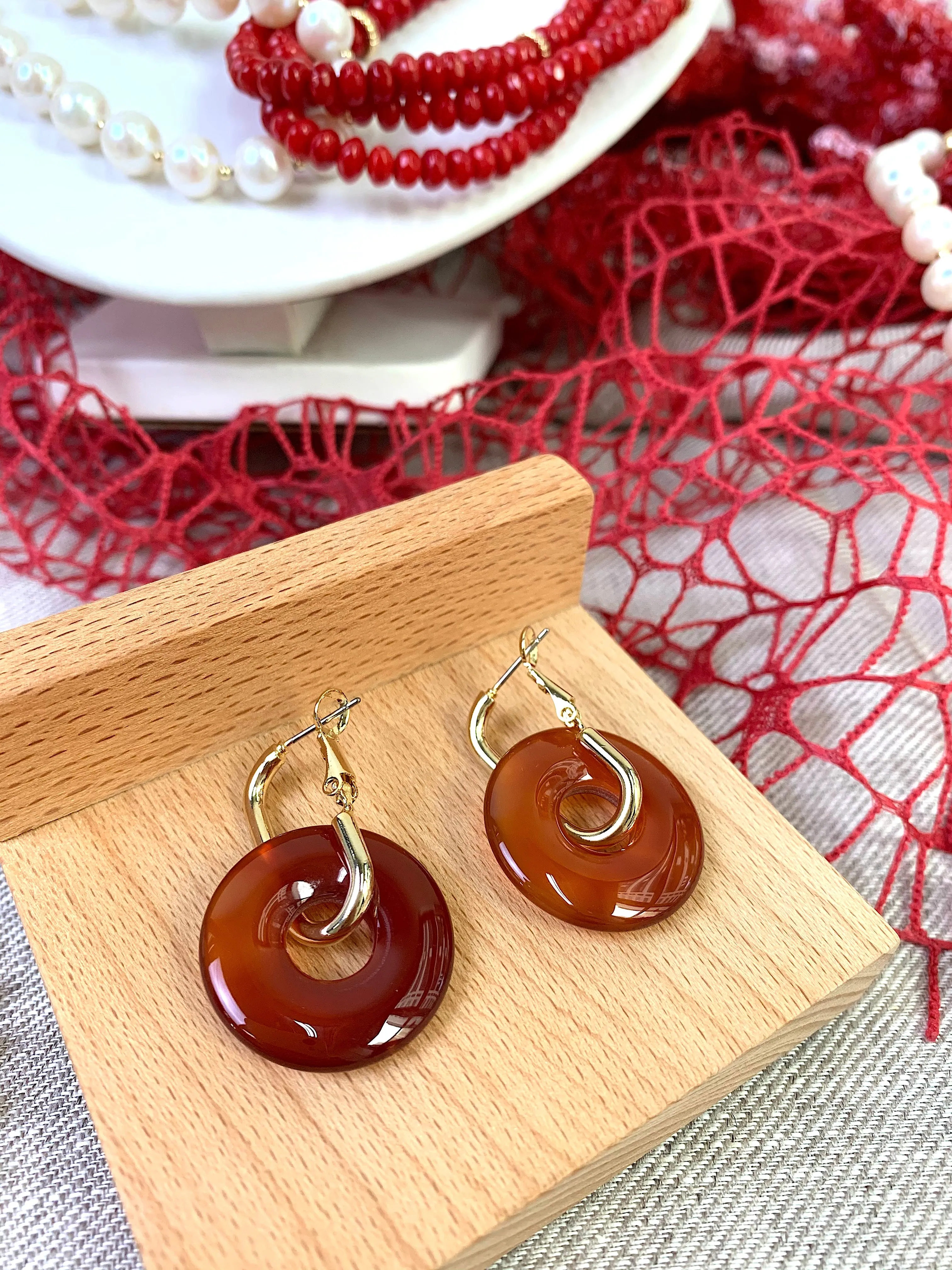 Donut Shaped Red Agate Minimalist Earrings EE036