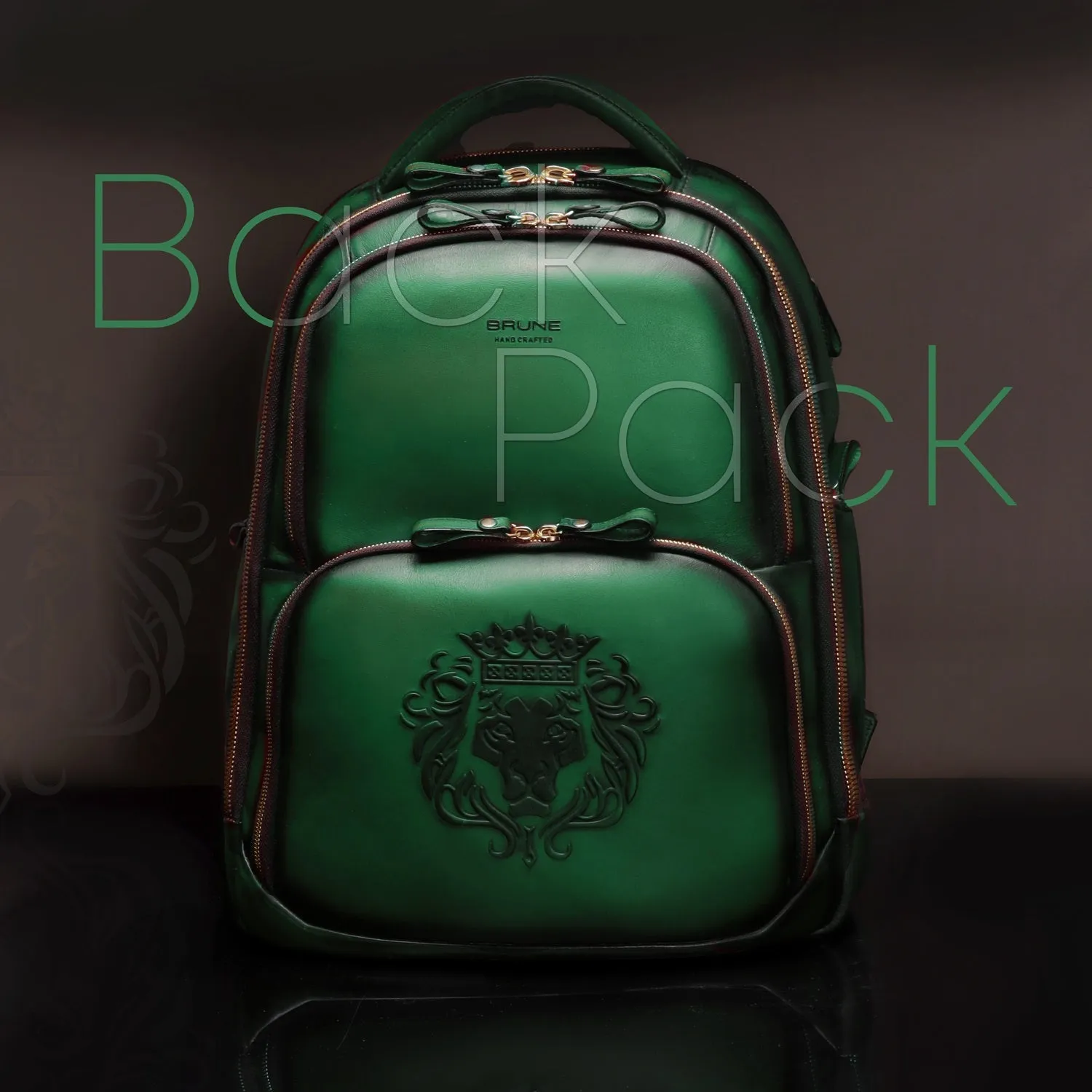 Embossed Lion Green Leather Backpack