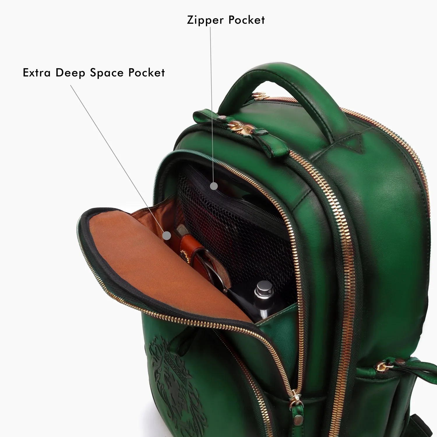 Embossed Lion Green Leather Backpack