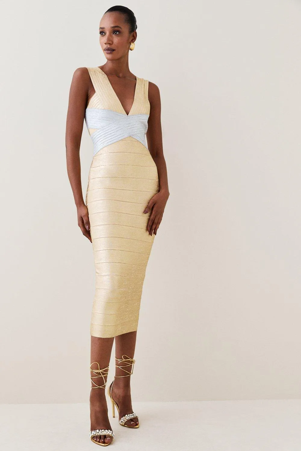 Figure Form Bandage Foiled Knit Midi Dress | Karen Millen