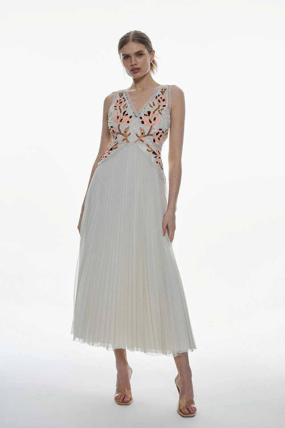 Floral Embellished Pleated Tulle Midi Dress | Karen Millen