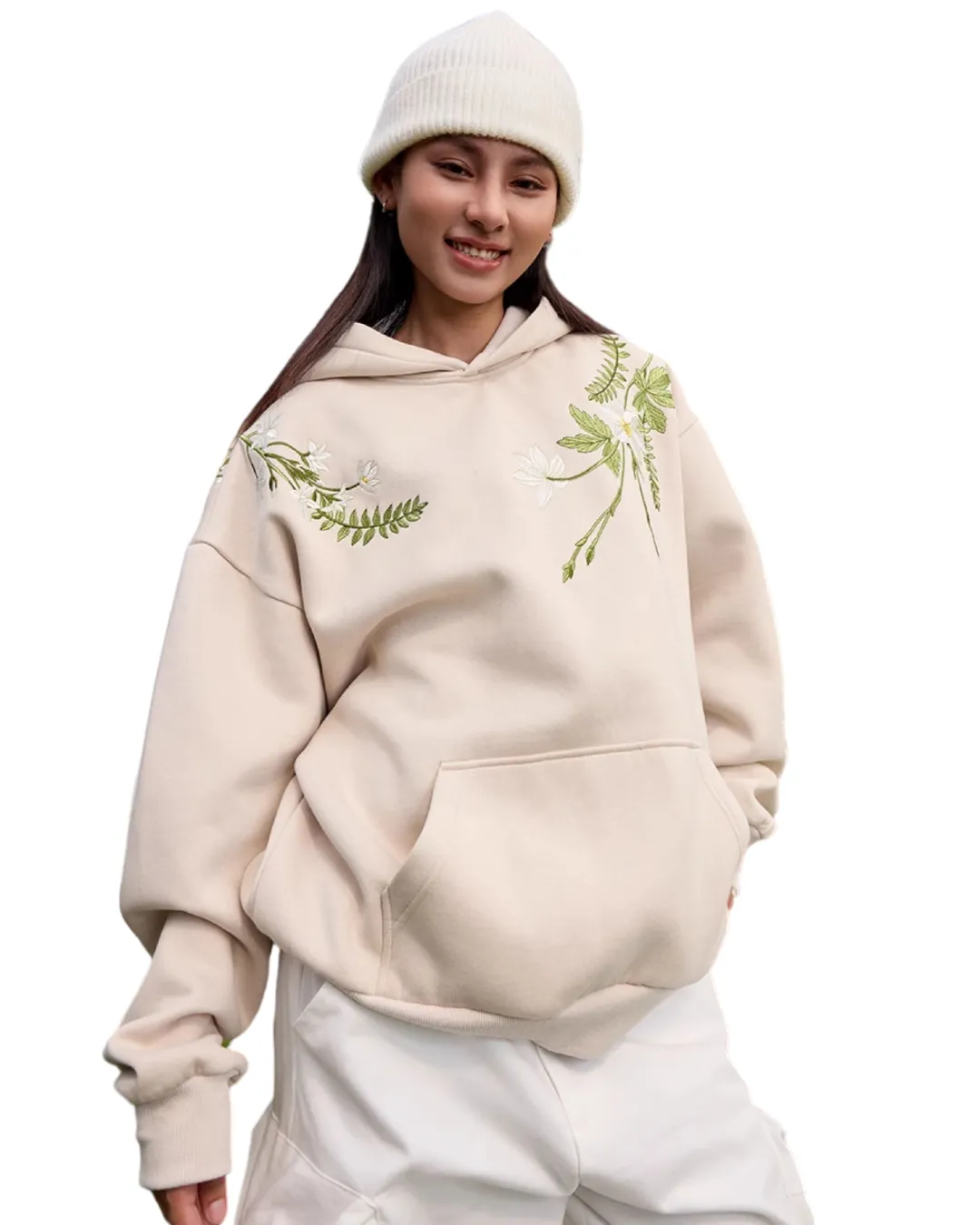 Floral Embroidered Fleece Hoodie