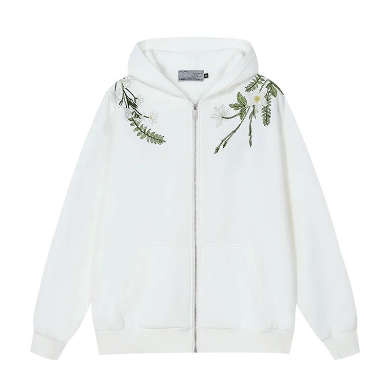 Floral Embroidered Fleece Zip Up Hoodie