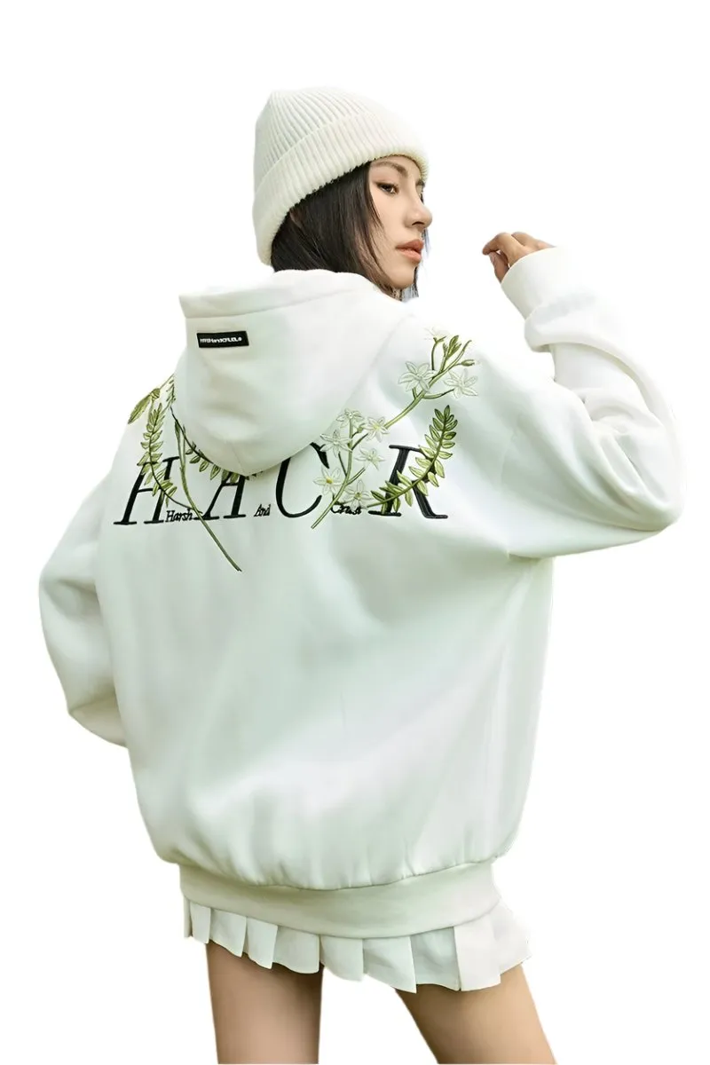 Floral Embroidered Fleece Zip Up Hoodie