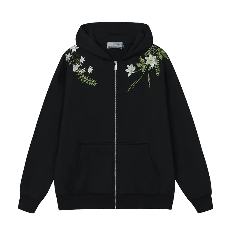 Floral Embroidered Fleece Zip Up Hoodie