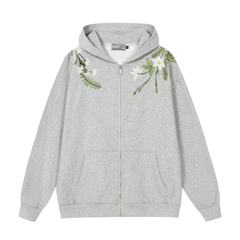 Floral Embroidered Fleece Zip Up Hoodie