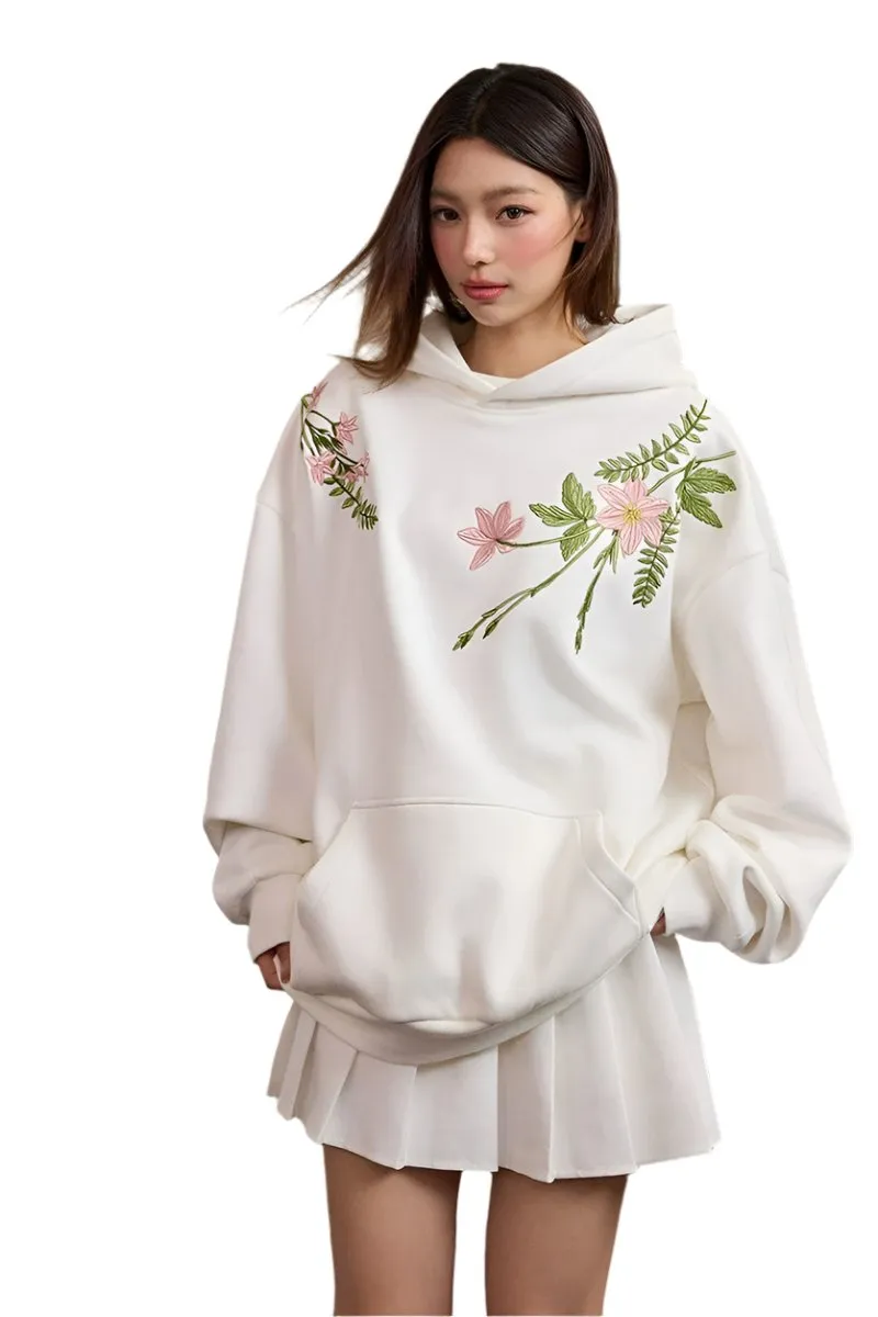 Floral Embroidery Fleece Hoodie