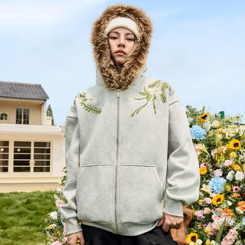 Floral Embroidery Fur Fleece Hoodie