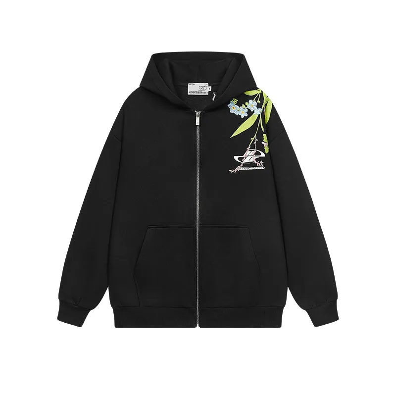 Floral Embroidery Logo Zip Up Hoodie