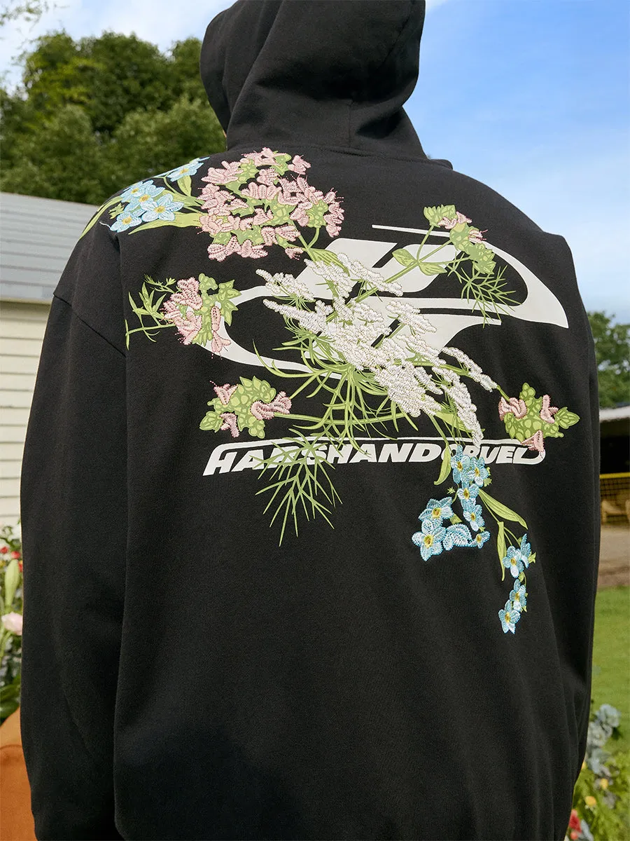 Floral Embroidery Logo Zip Up Hoodie