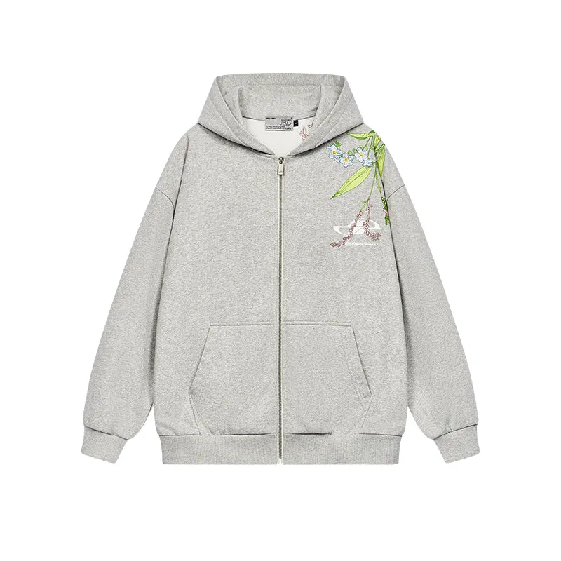 Floral Embroidery Logo Zip Up Hoodie