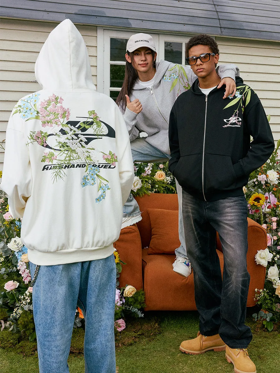 Floral Embroidery Logo Zip Up Hoodie