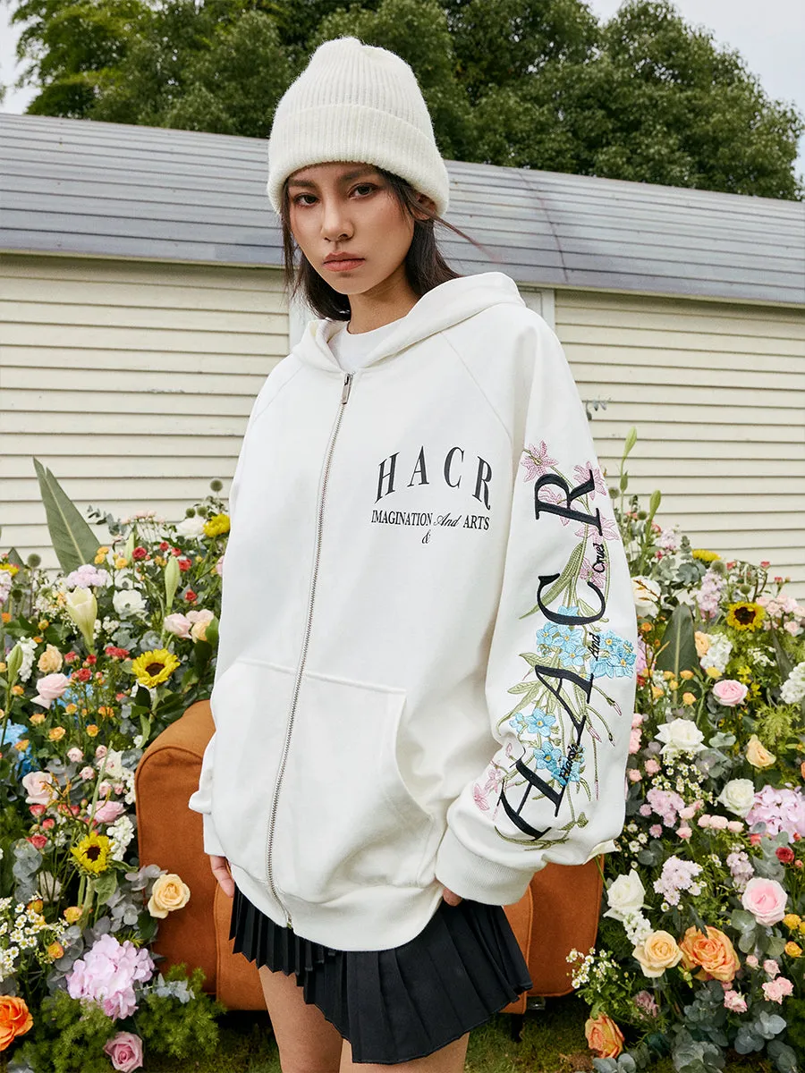 Floral Logo Sleeve Embroidered Zip Up Hoodie