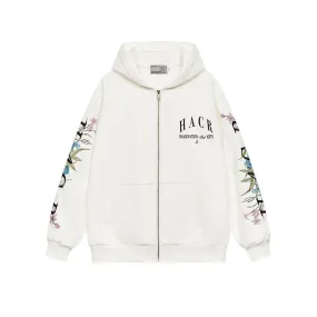 Floral Logo Sleeve Embroidered Zip Up Hoodie