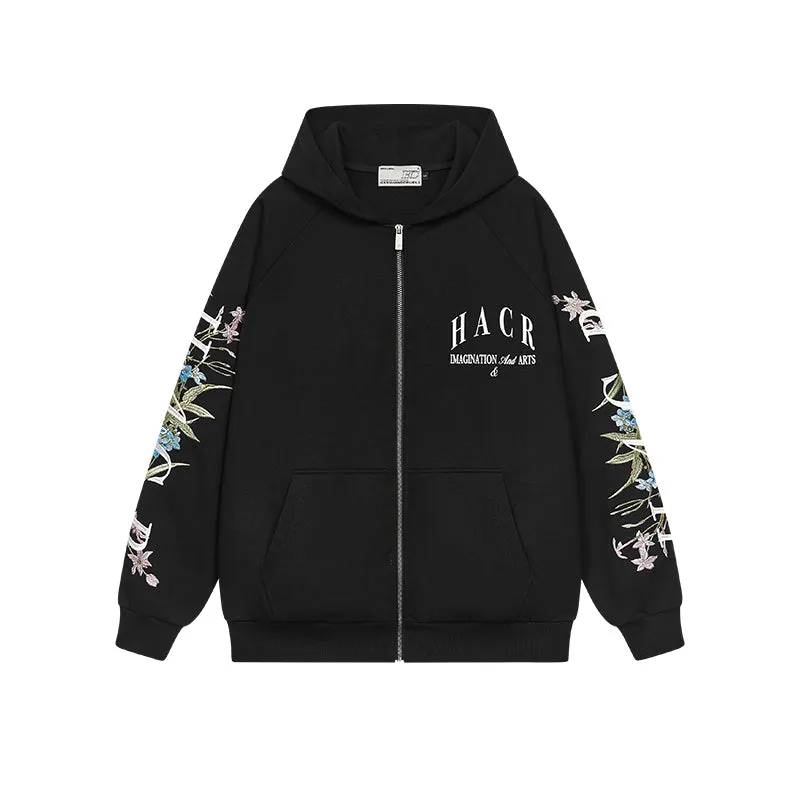 Floral Logo Sleeve Embroidered Zip Up Hoodie