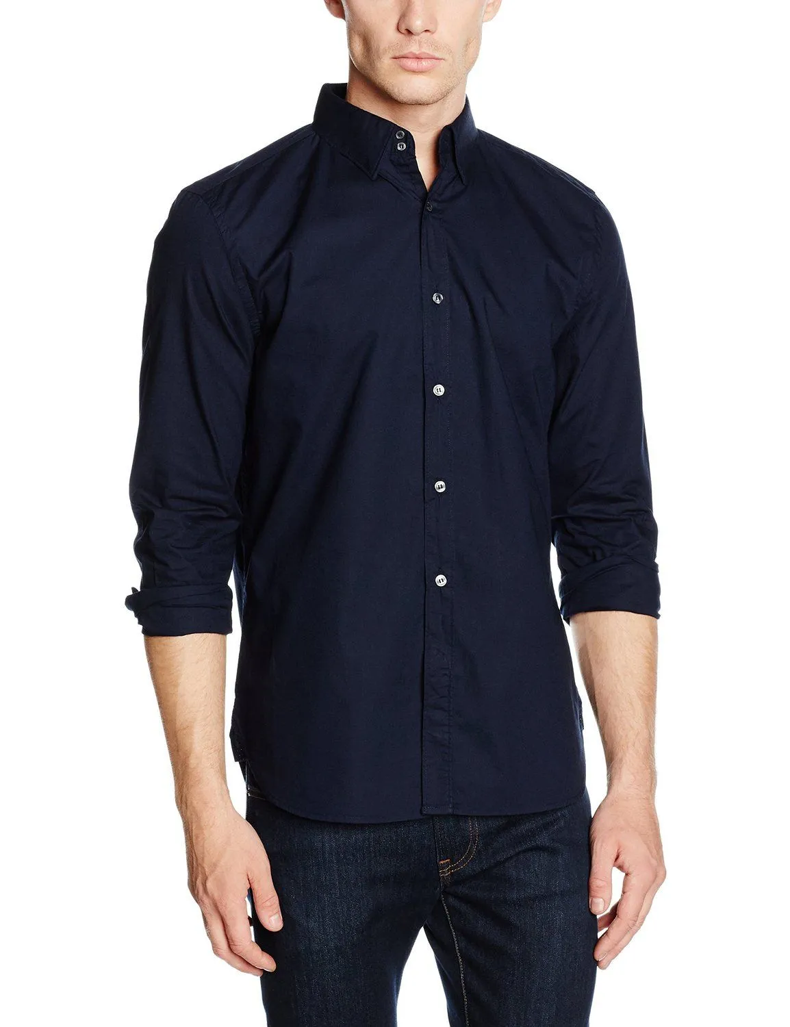 French Connection Plain Long Sleeve Marine Blue Shirt