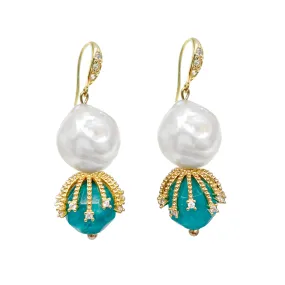 Freshwater Pearls With Aqua Jade Dangle Earrings HE008