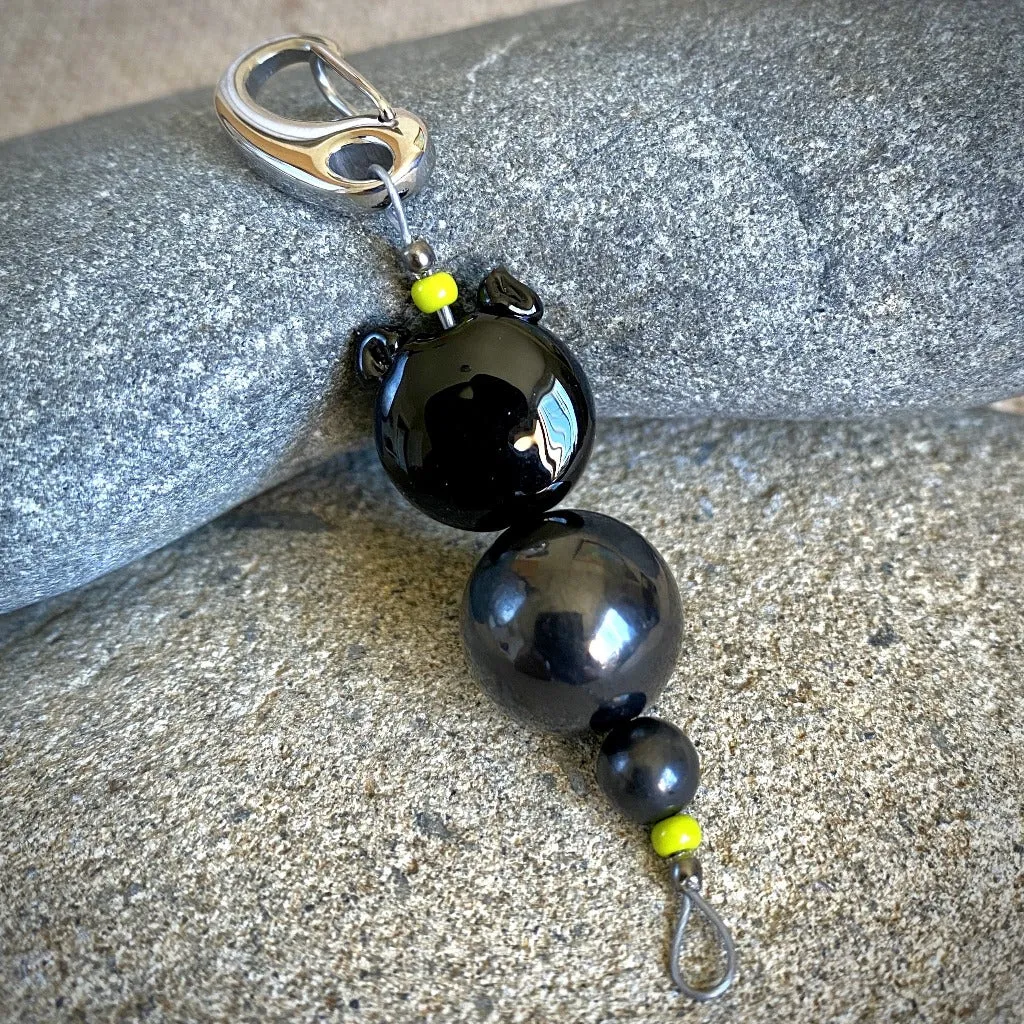 Green Eyed Black Cat Shungite Necklace, Clip-On, Accessory for Kids