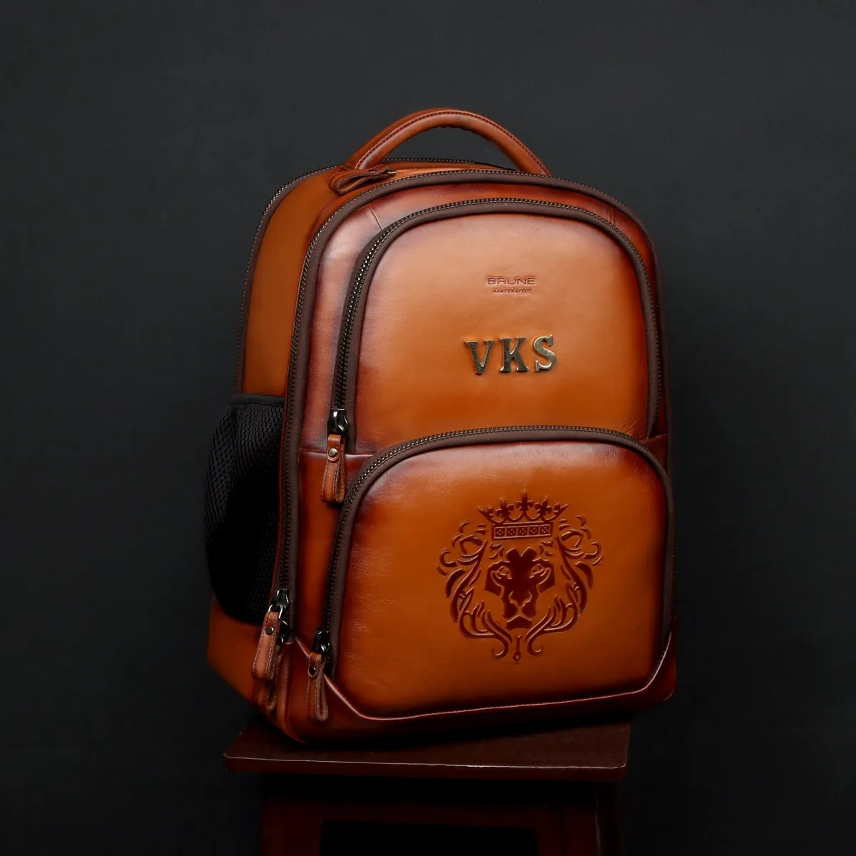 Handcrafted Tan Leather Backpack With VKS Name Initials by Brune & Bareskin