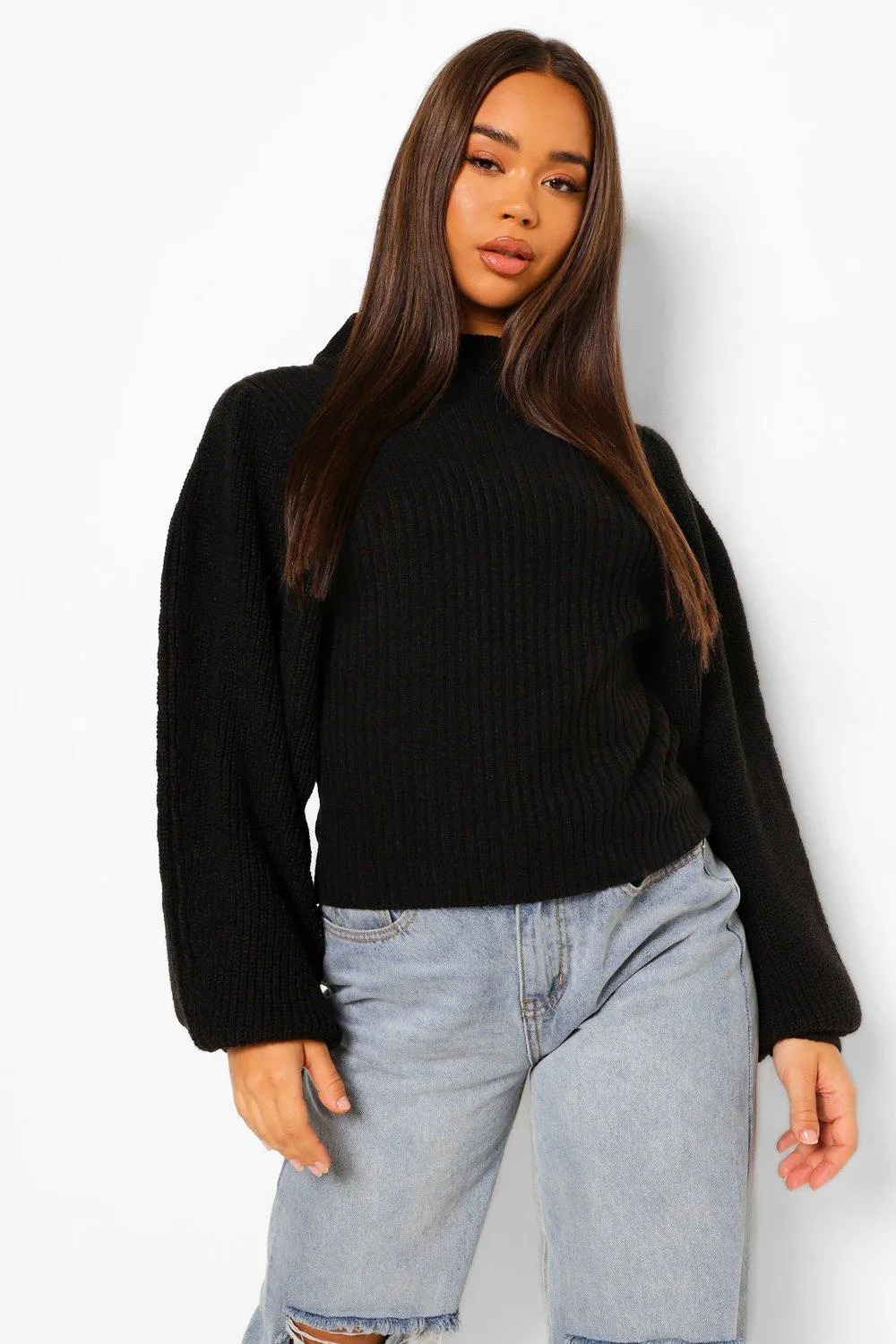 High Neck Chunky Knit Balloon Sleeve Sweater