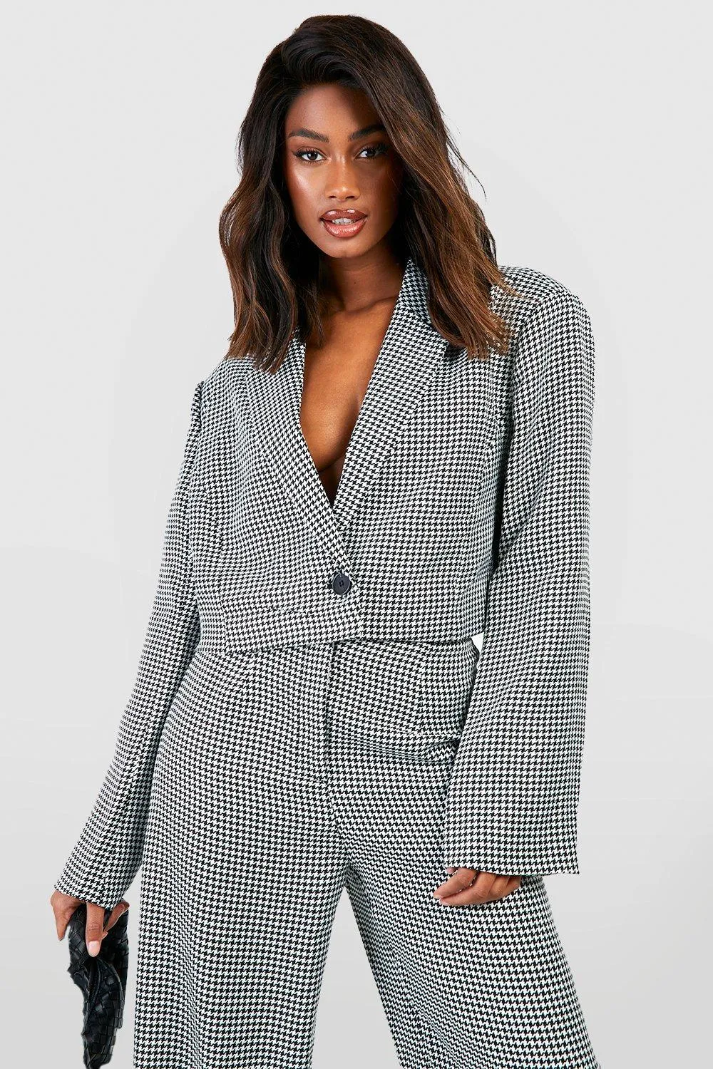 Houndstooth Boxy Cropped Blazer