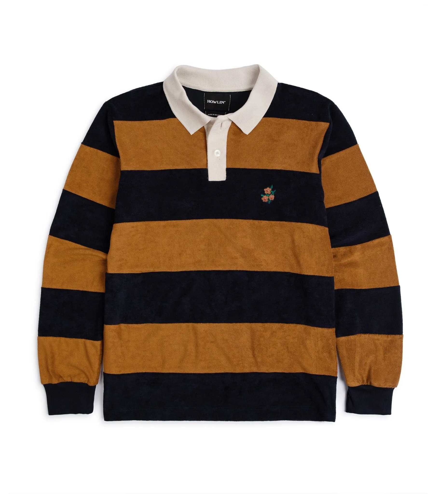 Howlin' A Barrel Of Fun Striped Terry Towel Long Sleeve Polo Shirt: Almond