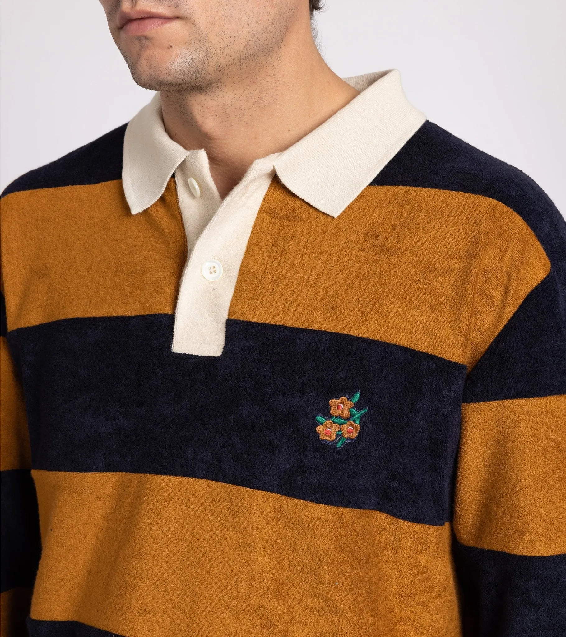 Howlin' A Barrel Of Fun Striped Terry Towel Long Sleeve Polo Shirt: Almond