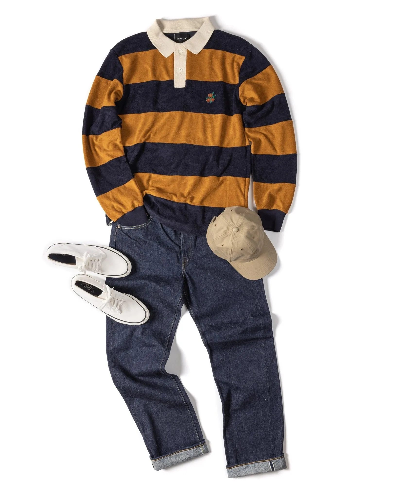 Howlin' A Barrel Of Fun Striped Terry Towel Long Sleeve Polo Shirt: Almond