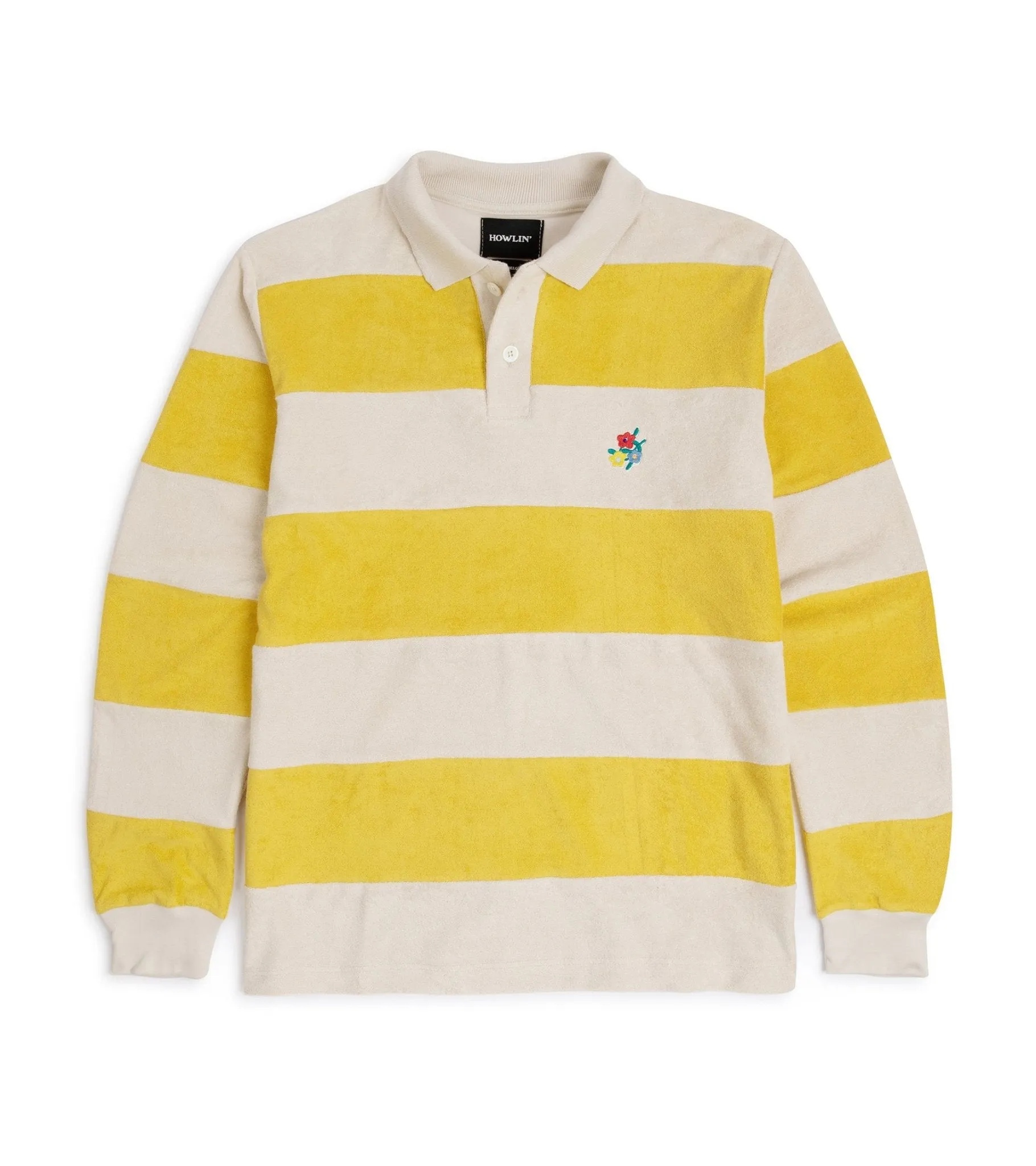 Howlin' A Barrel Of Fun Striped Terry Towel Long Sleeve Polo Shirt: Daffodil