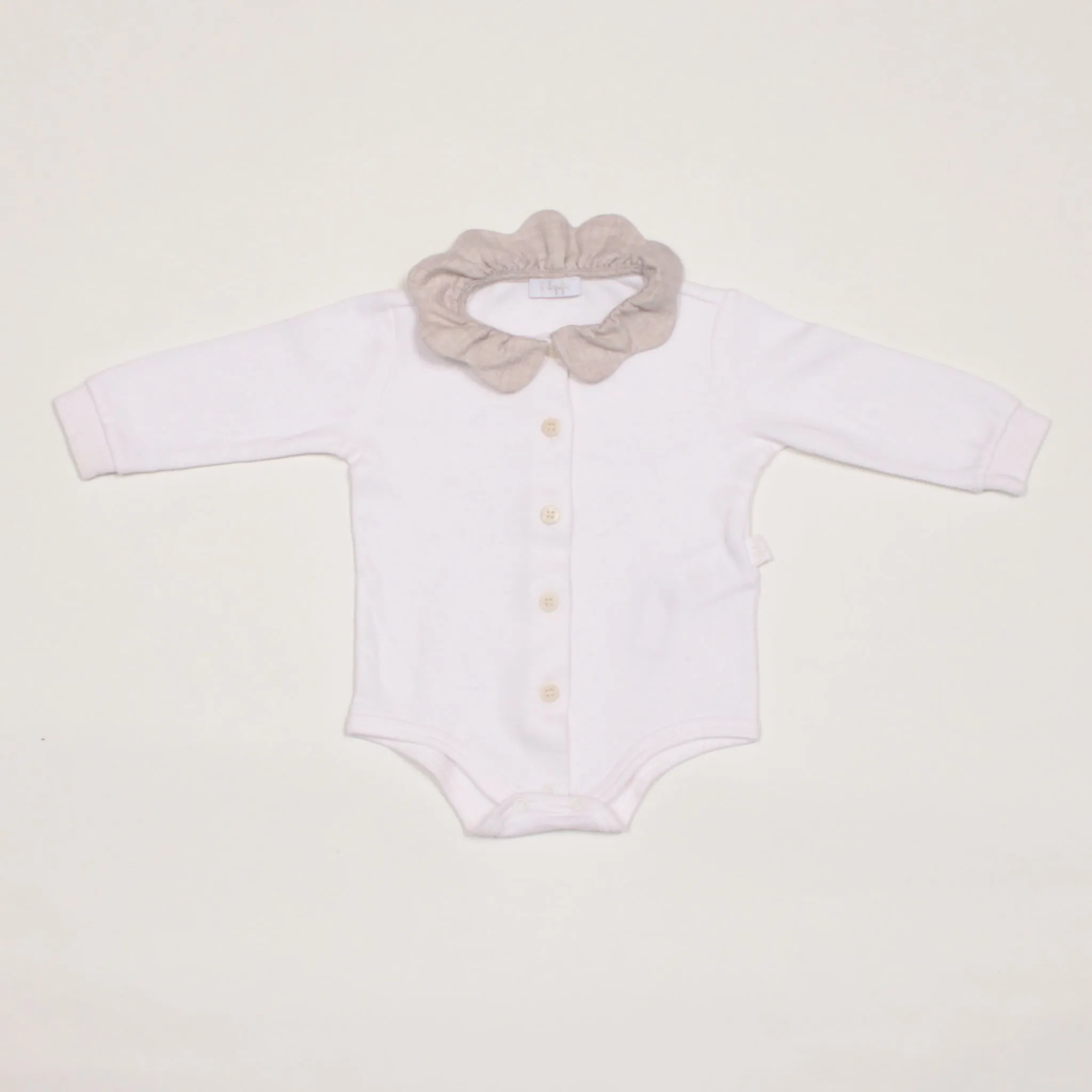 Il Gufo White Cotton Bodysuit With Oatmeal Frill Collar