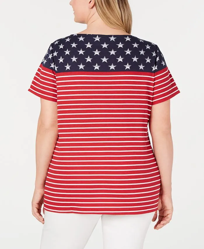 Karen Scott Women's Americana Stars And Stripes Jeweled T-Shirt Red Size 0X