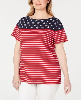 Karen Scott Women's Americana Stars And Stripes Jeweled T-Shirt Red Size 0X