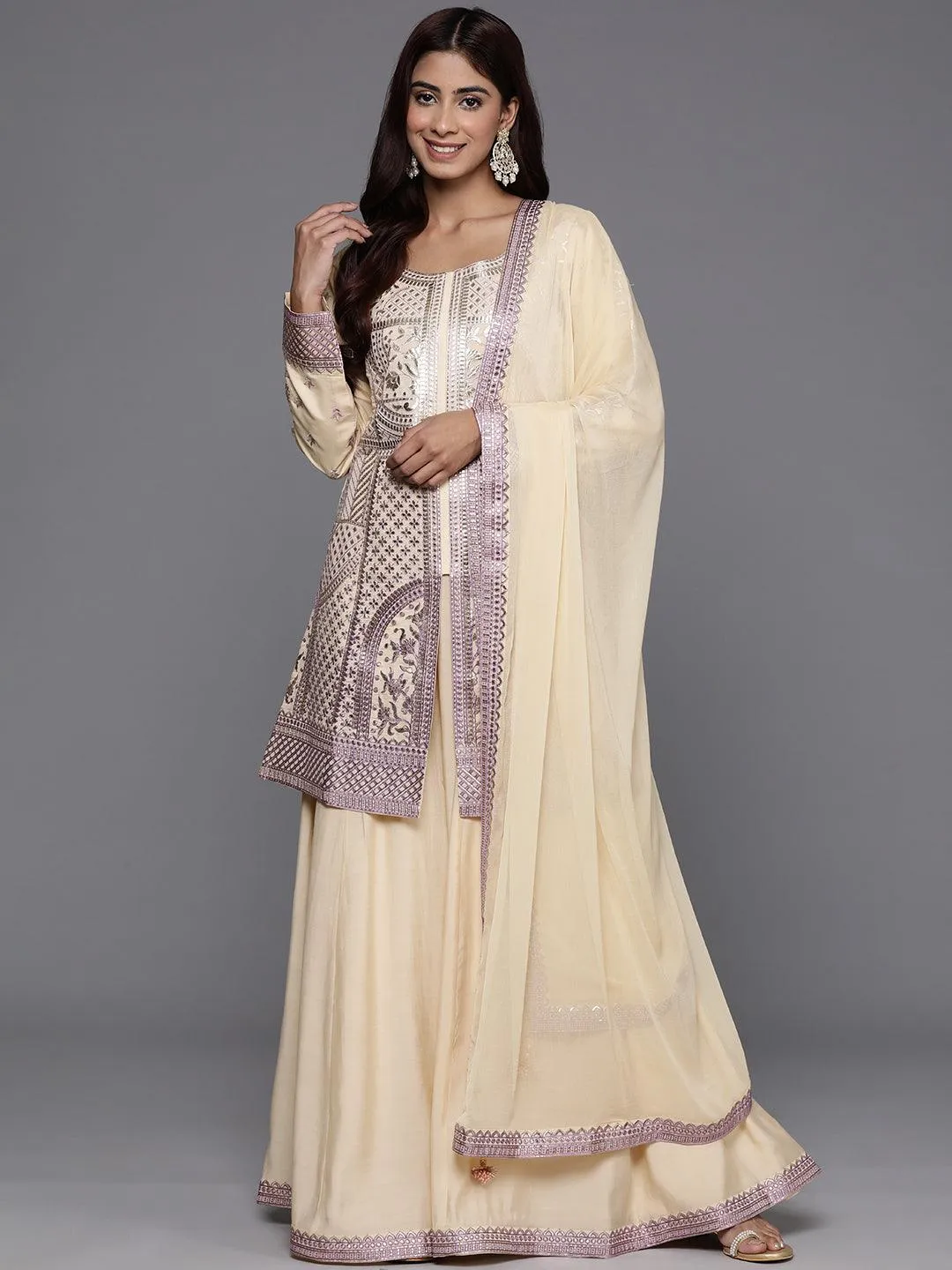 Libas Art Beige Embroidered Silk Blend Straight Suit With Dupatta