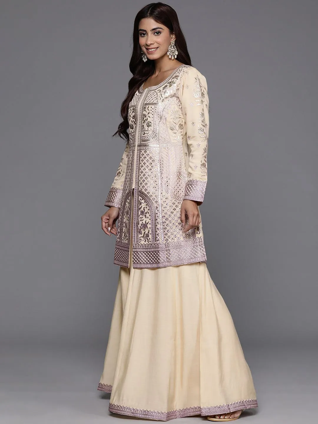 Libas Art Beige Embroidered Silk Blend Straight Suit With Dupatta