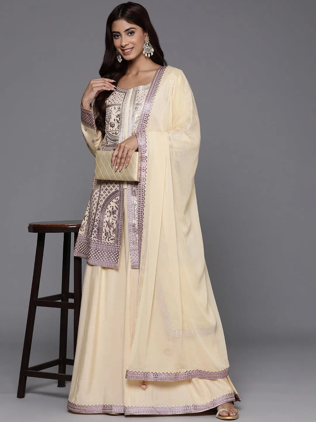 Libas Art Beige Embroidered Silk Blend Straight Suit With Dupatta