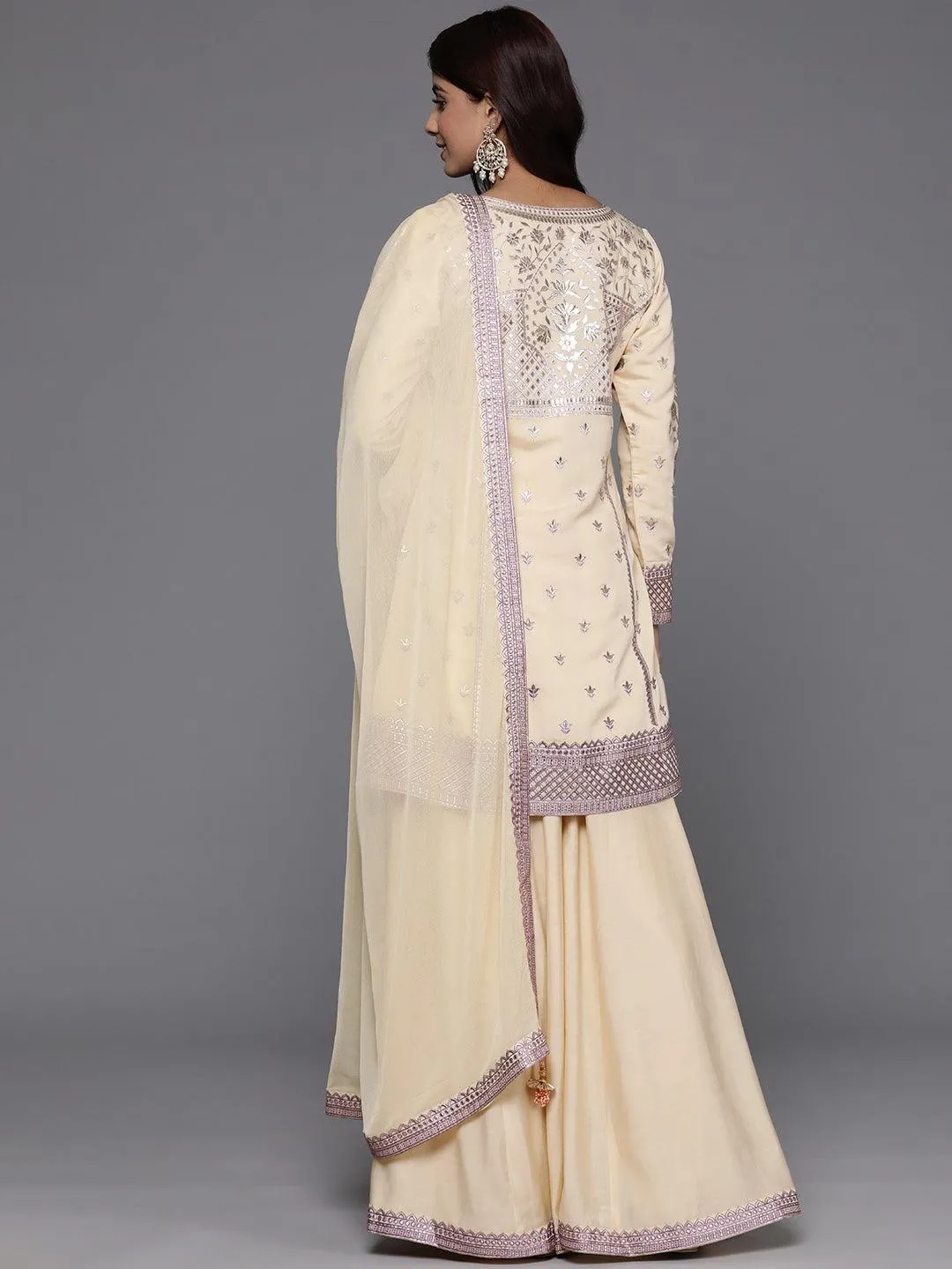 Libas Art Beige Embroidered Silk Blend Straight Suit With Dupatta