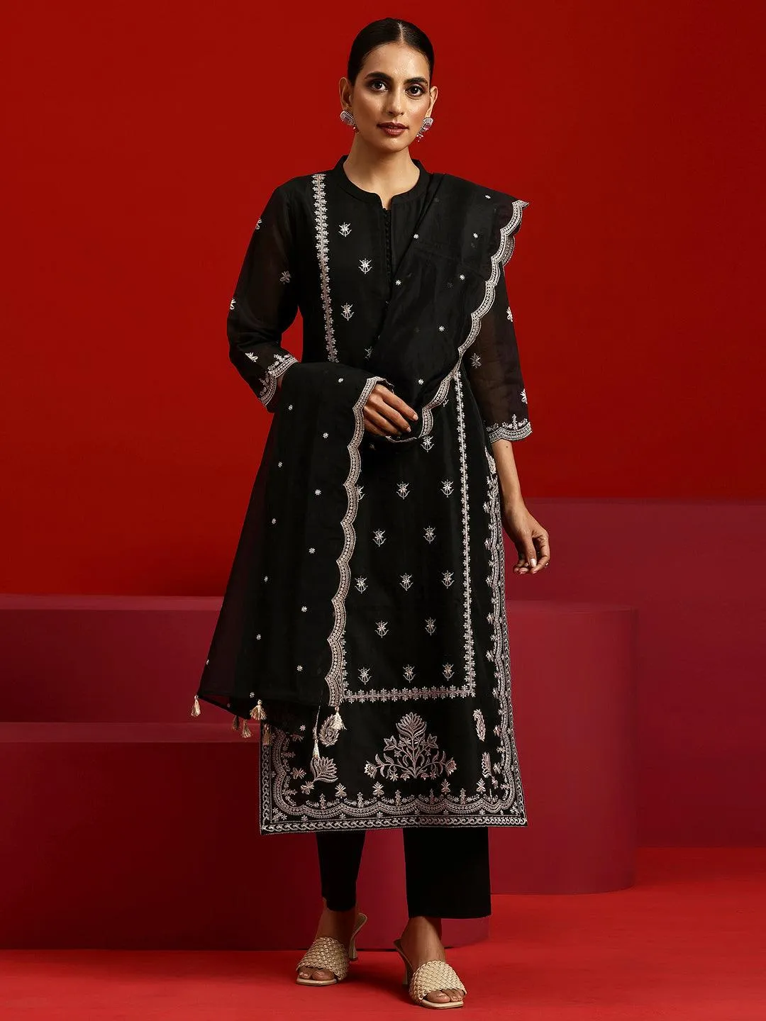 Libas Art Black Embroidered Chanderi Silk Straight Suit With Dupatta