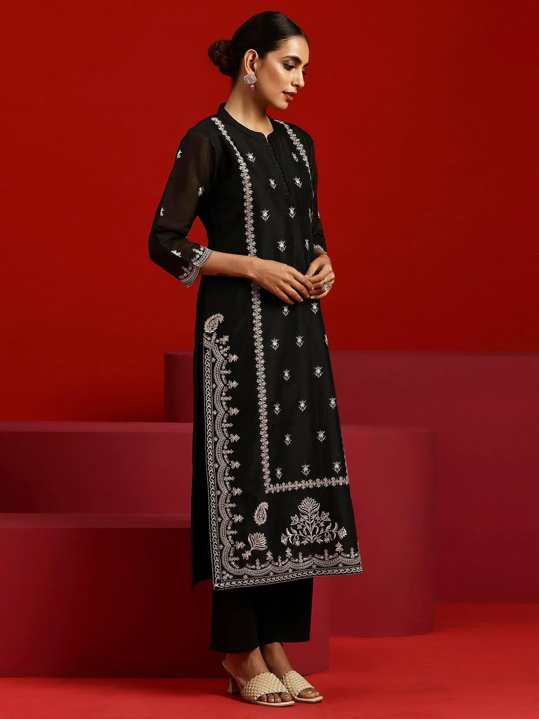 Libas Art Black Embroidered Chanderi Silk Straight Suit With Dupatta