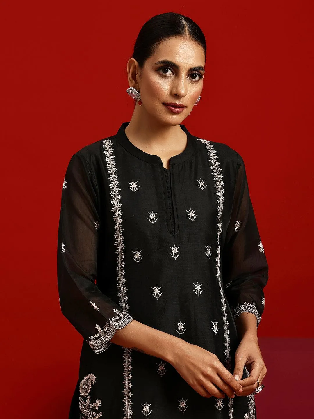 Libas Art Black Embroidered Chanderi Silk Straight Suit With Dupatta