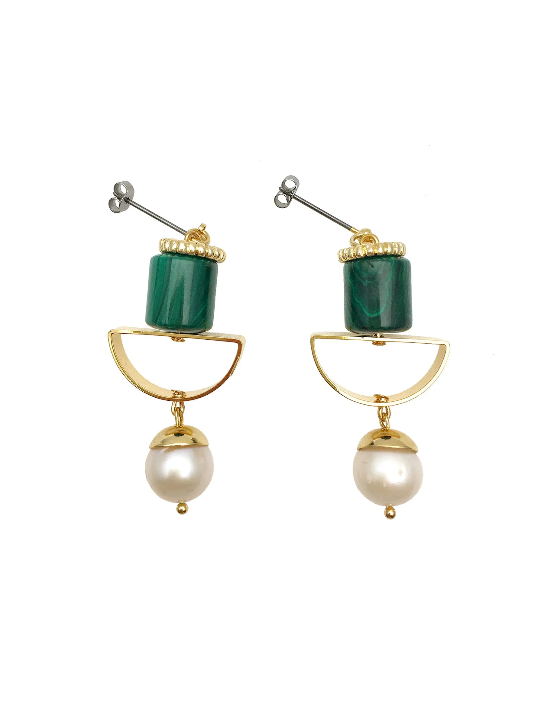 Malachite & Freshwater Pearls Geo Earrings AE027