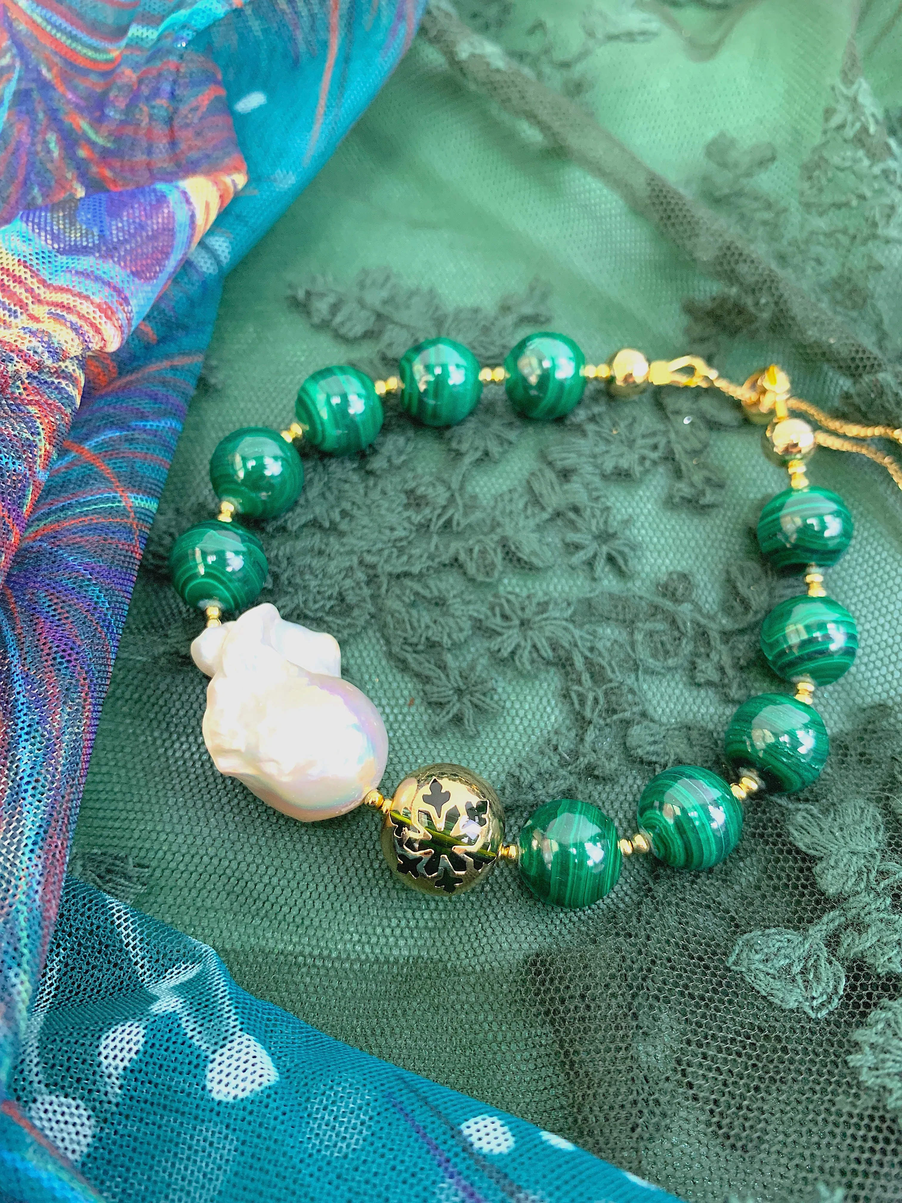 Malachite With Baroque Pearl Adjustable Bracelet HB009